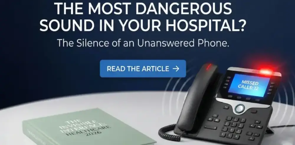 A modern black office desk phone with a glowing red light and a digital screen displaying "Missed Calls: 12" next to a book titled "The Invisible Interface.