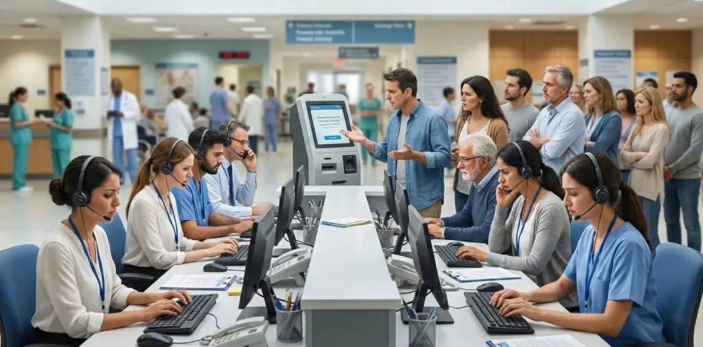 VOXYLO AI healthcare chatbot interface showing 24/7 patient engagement, appointment scheduling, and automated call handling for hospitals.