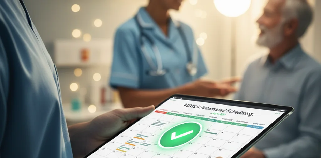 A modern hospital waiting room featuring a single empty chair highlighted by a spotlight and a digital person wireframe.