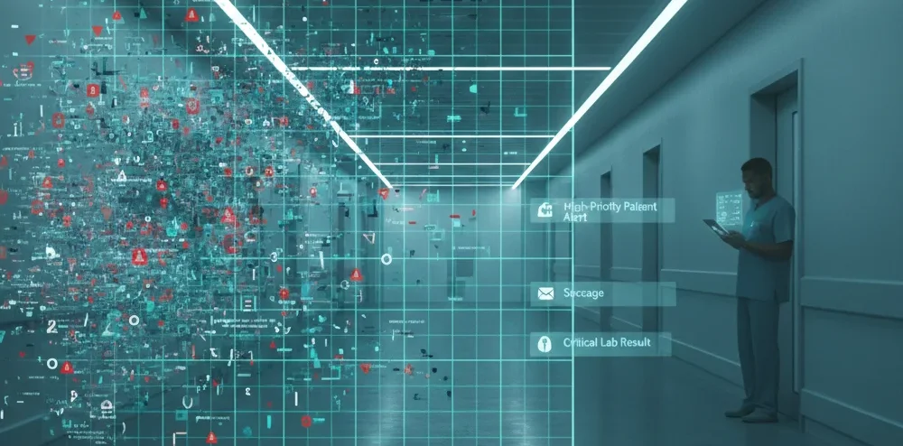 A medical officer uses AI in clinical triage to filter operational noise through a digital firewall